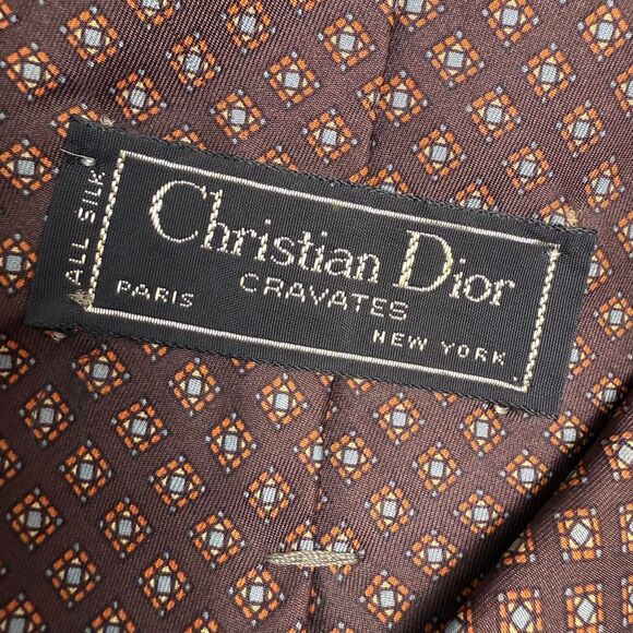 Christian Dior Cravates Silk Tie Mens Brown Geometric Pattern Necktie VTG - Picture 1 of 6